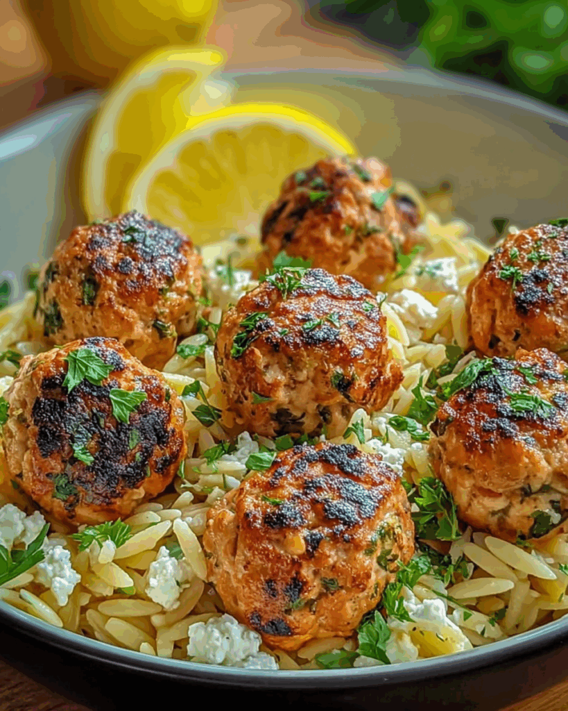 Greek Chicken Meatballs with Lemon Orzo