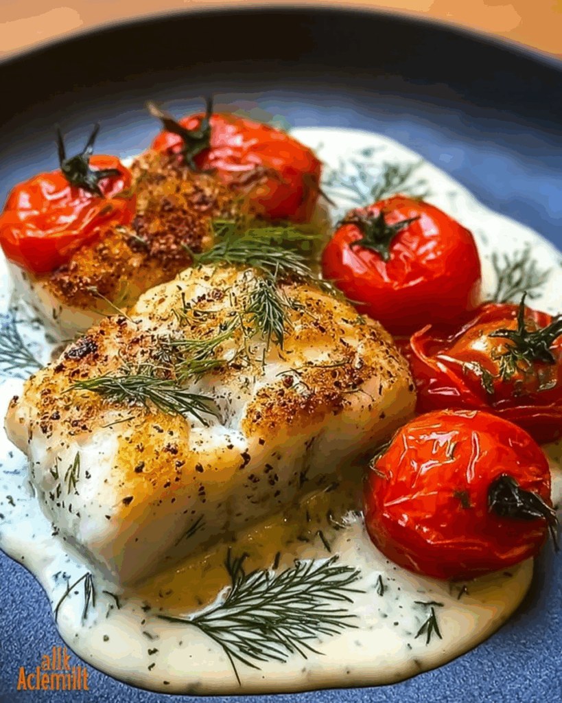 Grilled Cod with Roasted Tomatoes and Creamy Dill Sauce