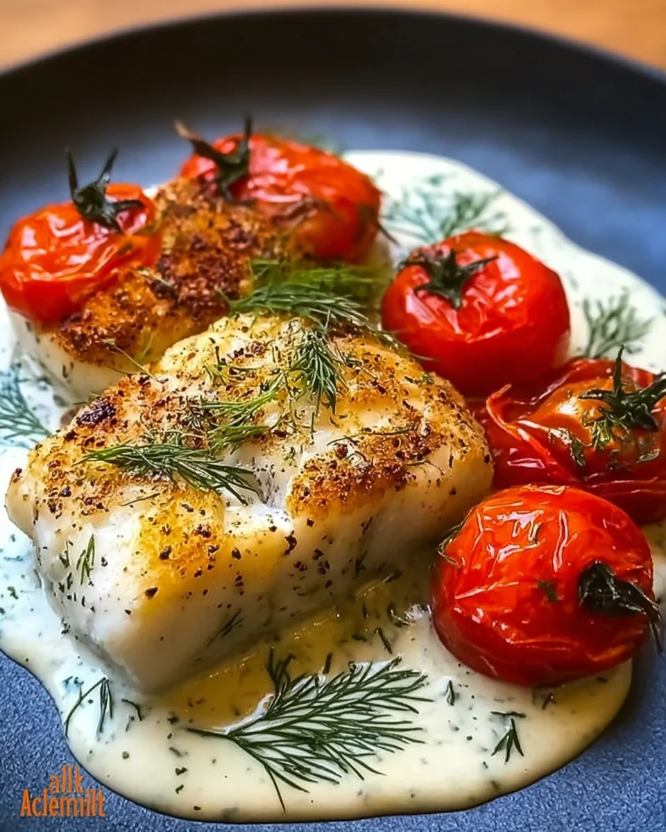 Grilled Cod with Roasted Tomatoes and Creamy Dill Sauce delights your taste buds!