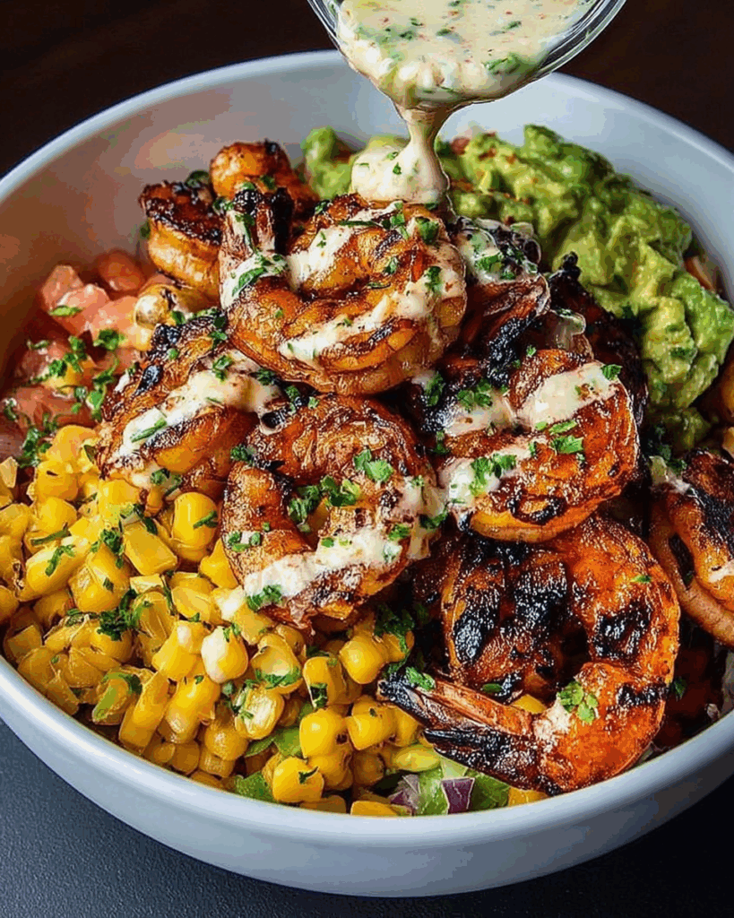 Grilled Shrimp Bowl with Avocado Corn Salsa and Creamy Garlic Sauce 3