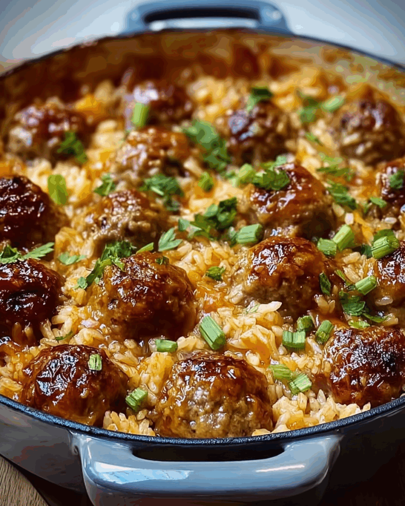 Honey Garlic Meatball Rice Bake