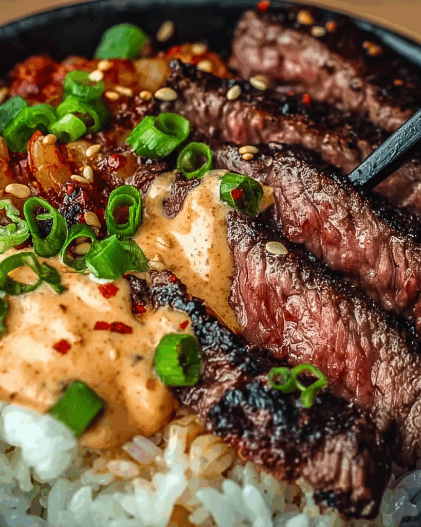 Korean BBQ Steak Rice Bowls with Spicy Cream Sauce 3