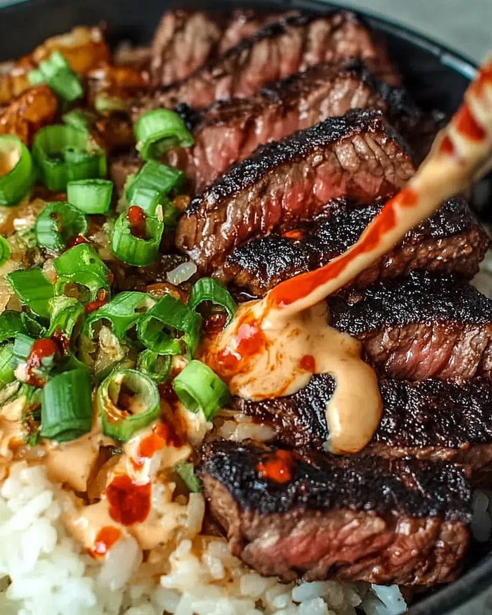 Korean BBQ Steak Rice Bowls with Spicy Cream Sauce are delicious!