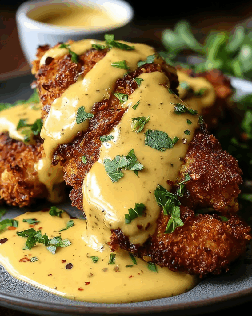 Pretzel Crusted Chicken with Mustard Cheddar Sauce 2