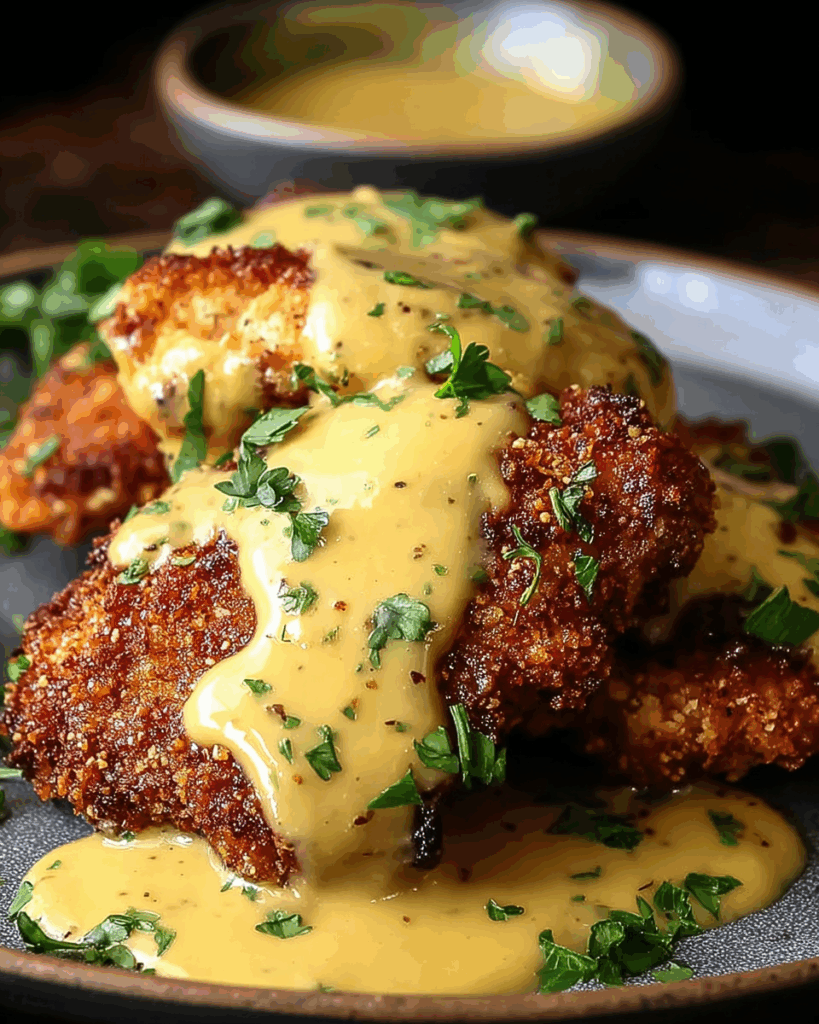 Pretzel Crusted Chicken with Mustard Cheddar Sauce 3