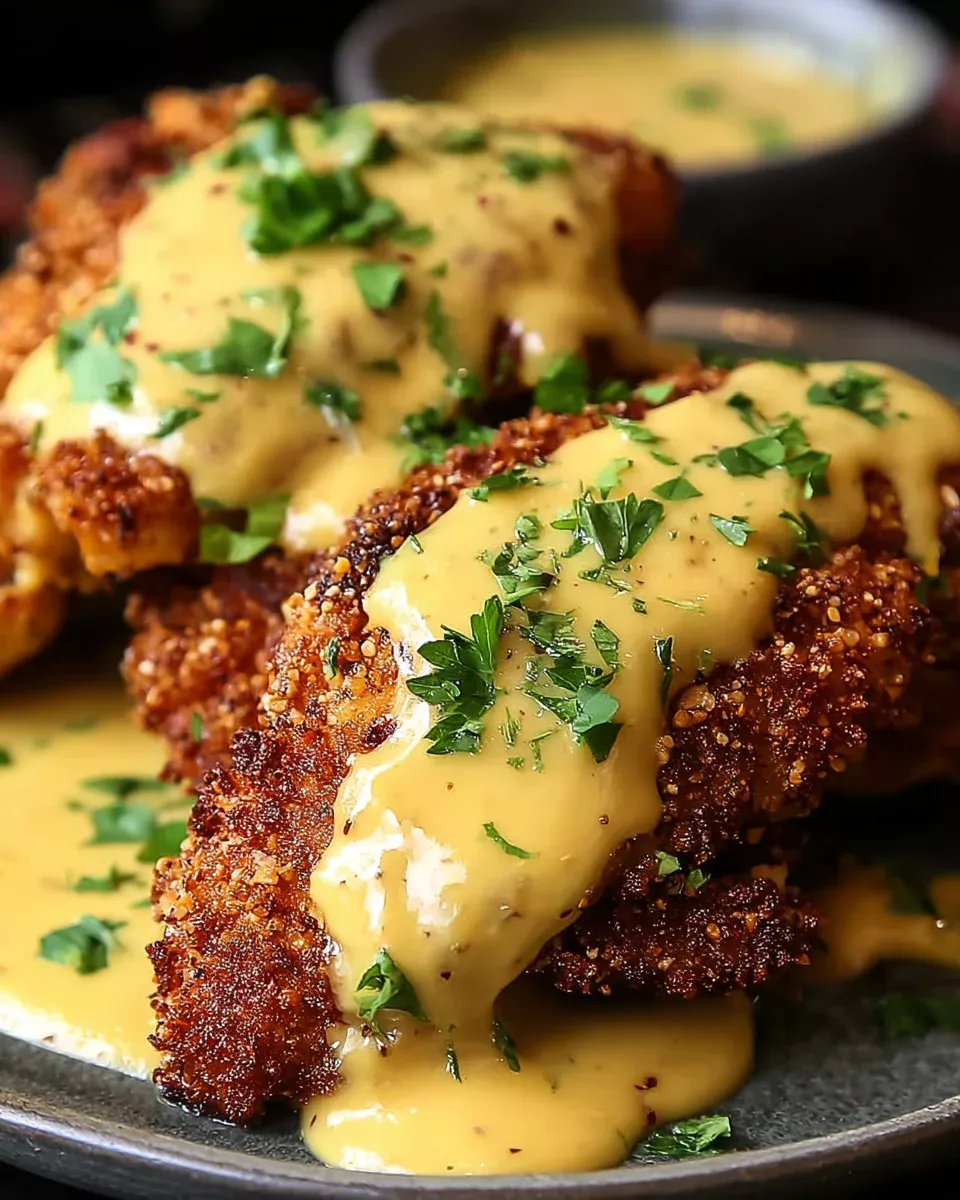 Pretzel-Crusted Chicken with Mustard Cheddar Sauce Delight!