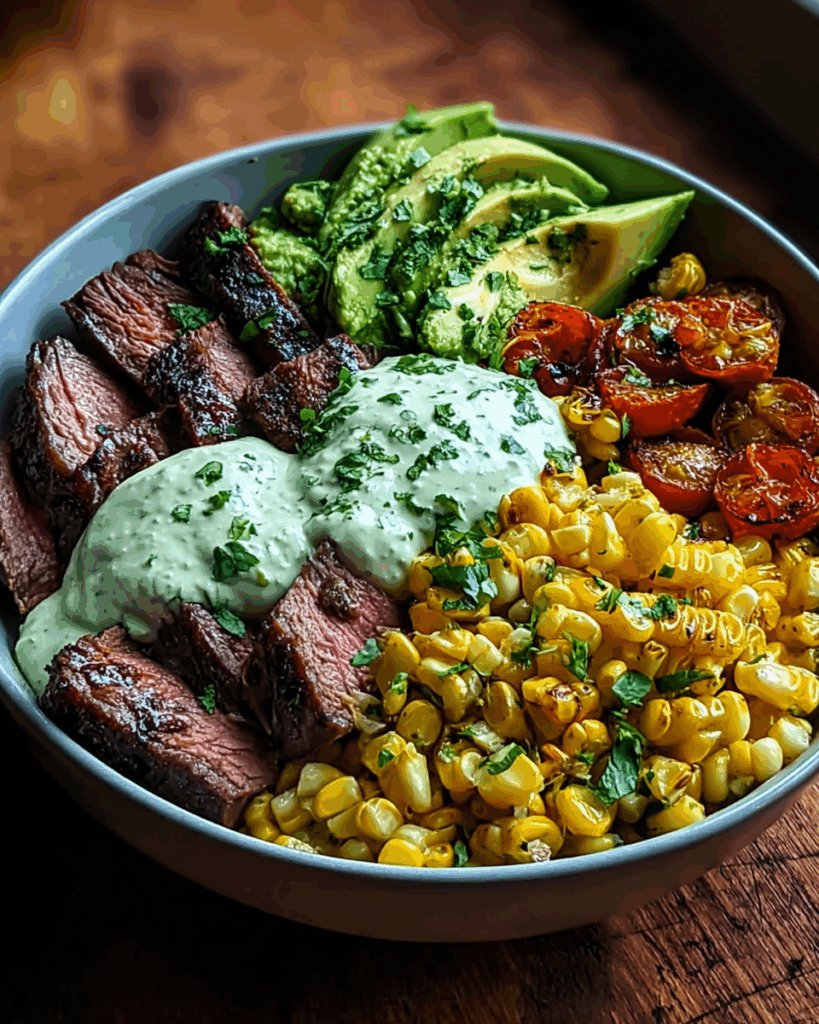 Steak Avocado and Roasted Corn Bowl with Cilantro Cream Sauce 2