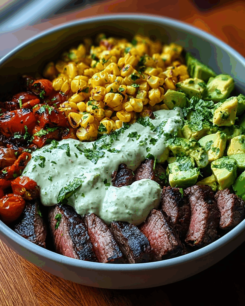 Steak Avocado and Roasted Corn Bowl with Cilantro Cream Sauce 3