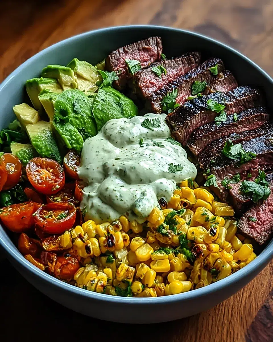 Steak, Avocado, and Roasted Corn Bowl with Cilantro Cream Sauce: Discover This Flavorful Recipe Today!