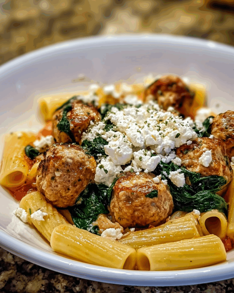 Zesty Turkey Ricotta Meatballs with Garlic Spinach Rigatoni