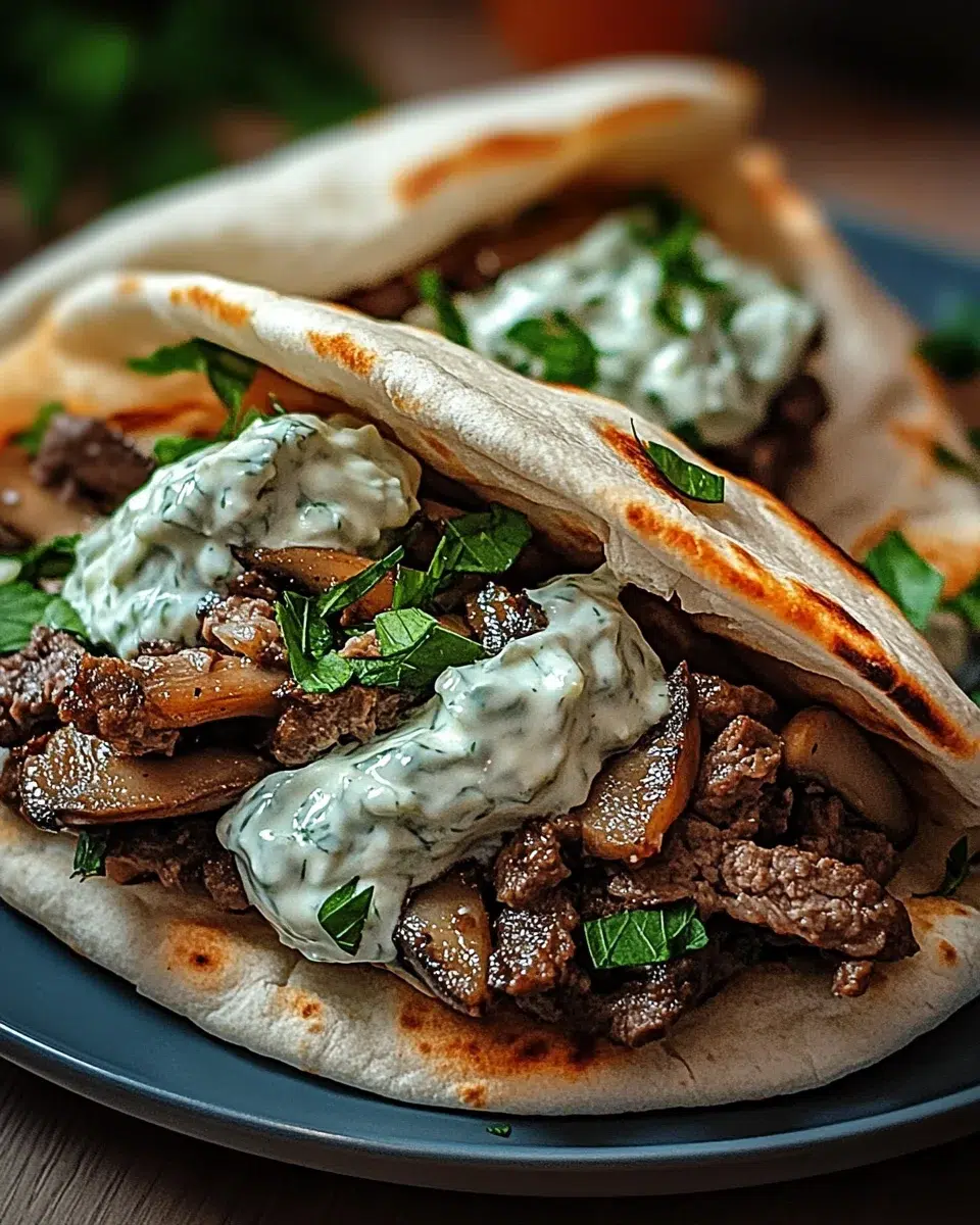 Cheesy Beef and Mushroom Pita Pockets with Tzatziki Sauce are a must-try!