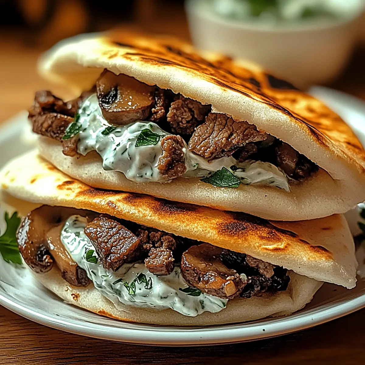 Cheesy Beef and Mushroom Pita Pockets with Tzatziki Sauce ajbdbk