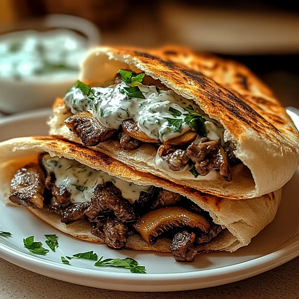 Delicious Cheesy Beef and Mushroom Pita Pockets with Tzatziki Sauce