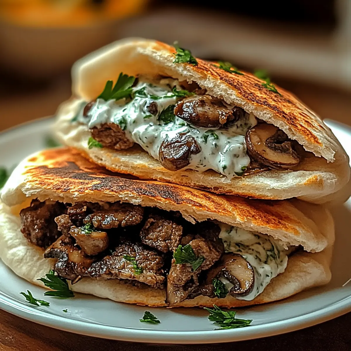 Cheesy Beef and Mushroom Pita Pockets with Tzatziki Sauce jj2ndt