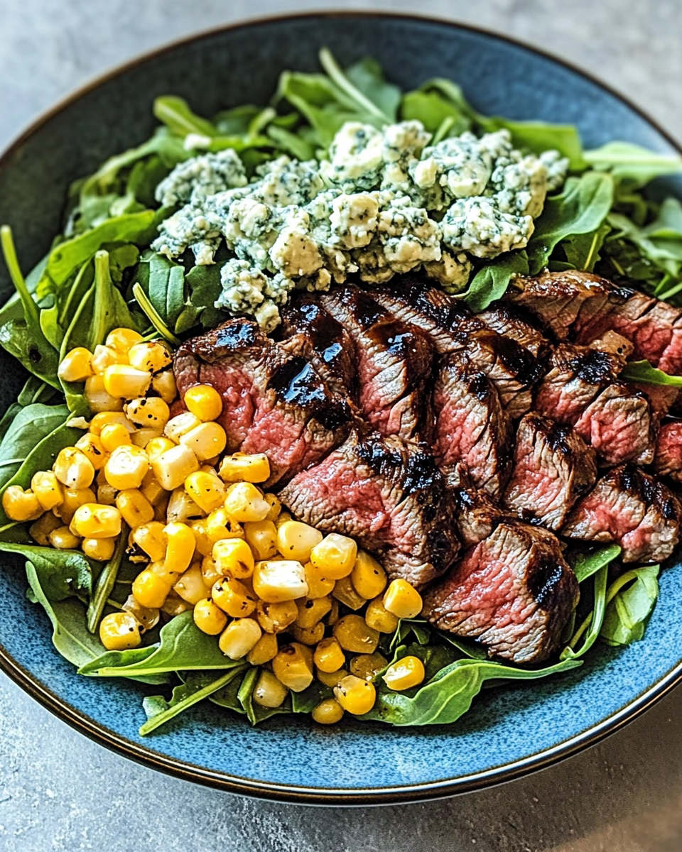 Grilled Balsamic Steak Salad with Gorgonzola and Corn delights your taste buds!