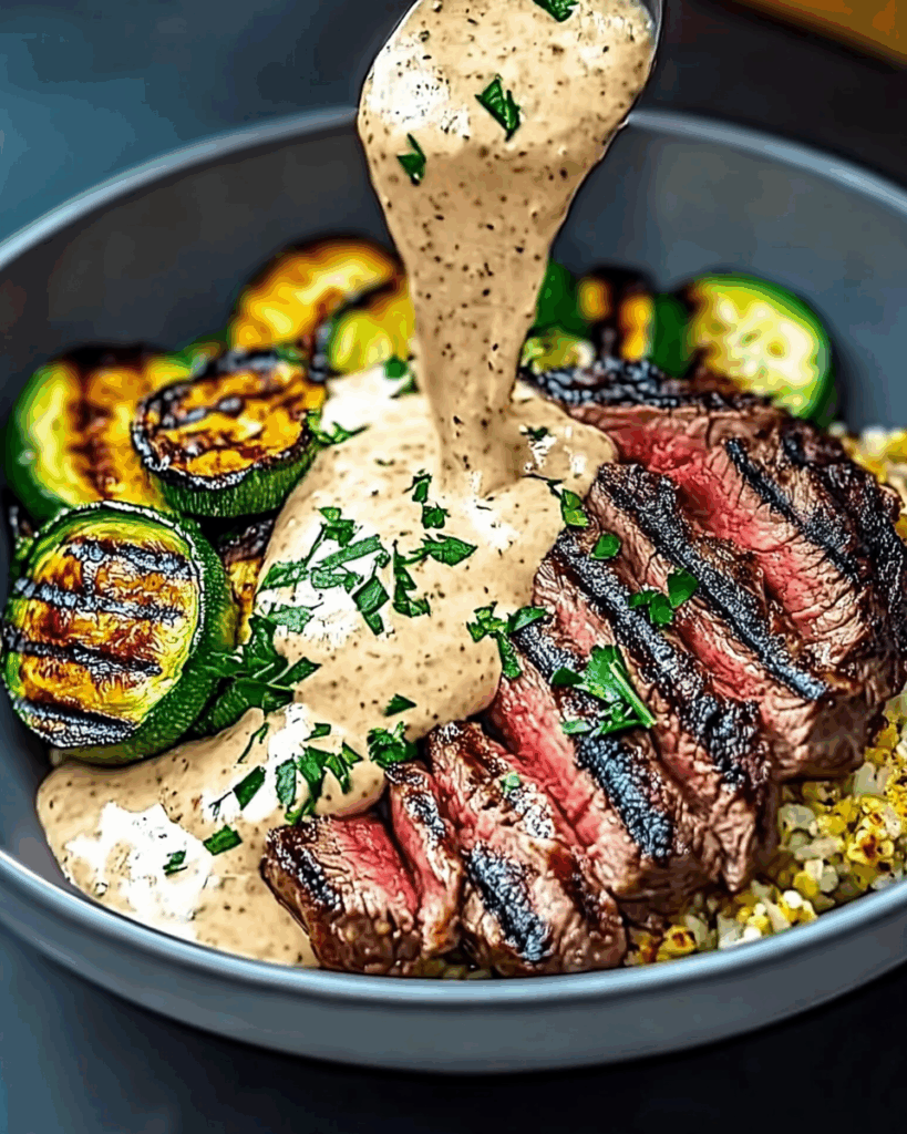 Grilled Steak Bowl with Creamy Sauce and Grilled Zucchini 2