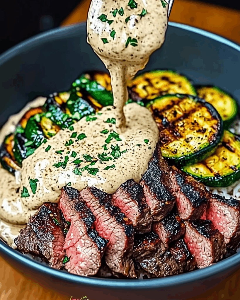 Grilled Steak Bowl with Creamy Sauce and Grilled Zucchini 3