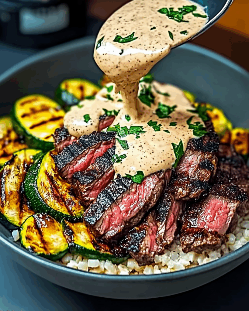 Grilled Steak Bowl with Creamy Sauce and Grilled Zucchini
