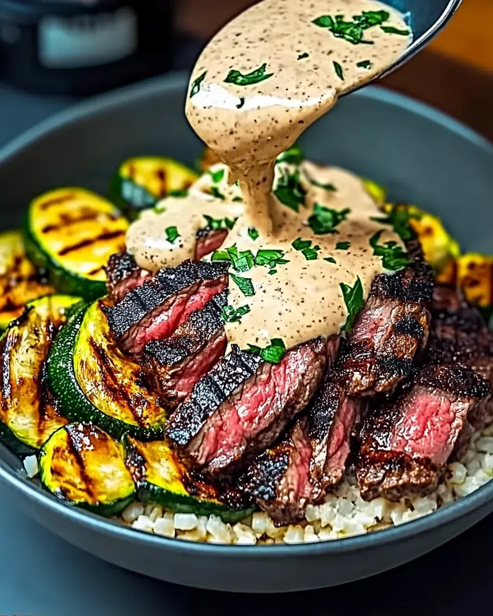 Grilled Steak Bowl with Creamy Sauce and Grilled Zucchini: A Flavorful Delight!