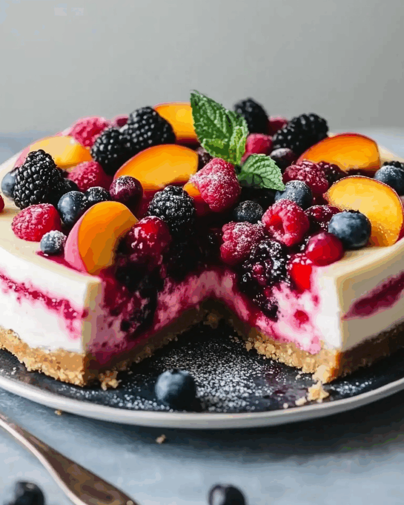 No Bake Summer Berry and Peach Cheesecake