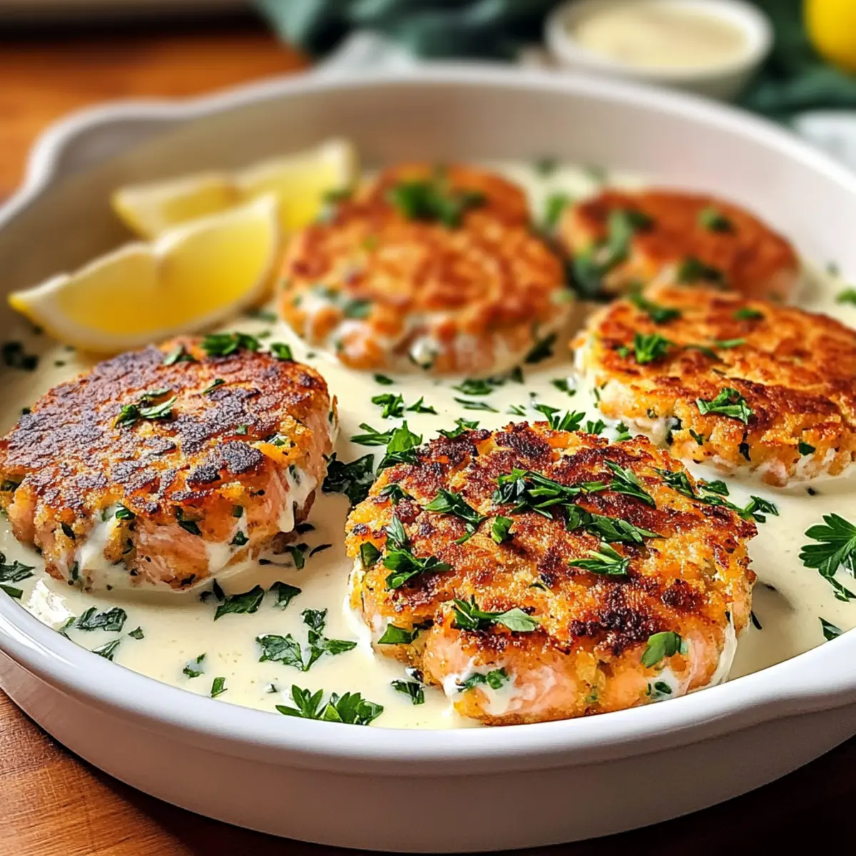 Salmon Patties with Creamy Lemon Garlic Sauce b1f0an