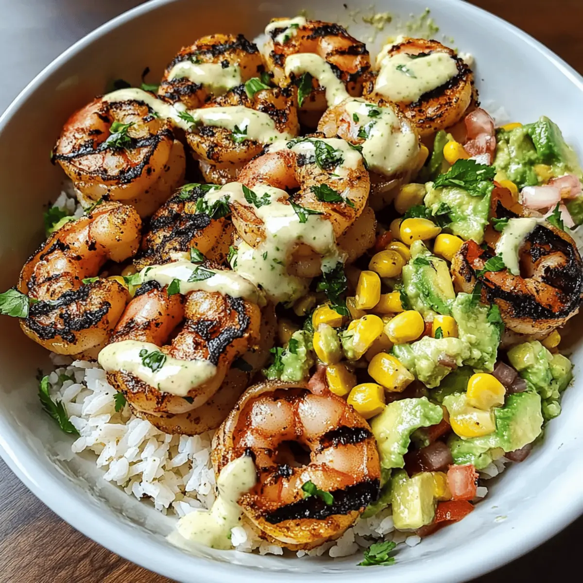 Grilled Shrimp Bowl with Avocado Corn Salsa & Creamy Sauce Bliss