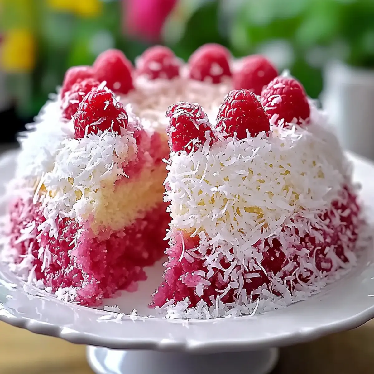 Delightful Snowball Cake with Raspberry Coconut Twist