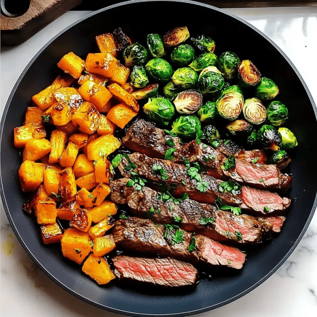 Garlic Butter Steak with Brussels Sprouts and Butternut Squash Delight