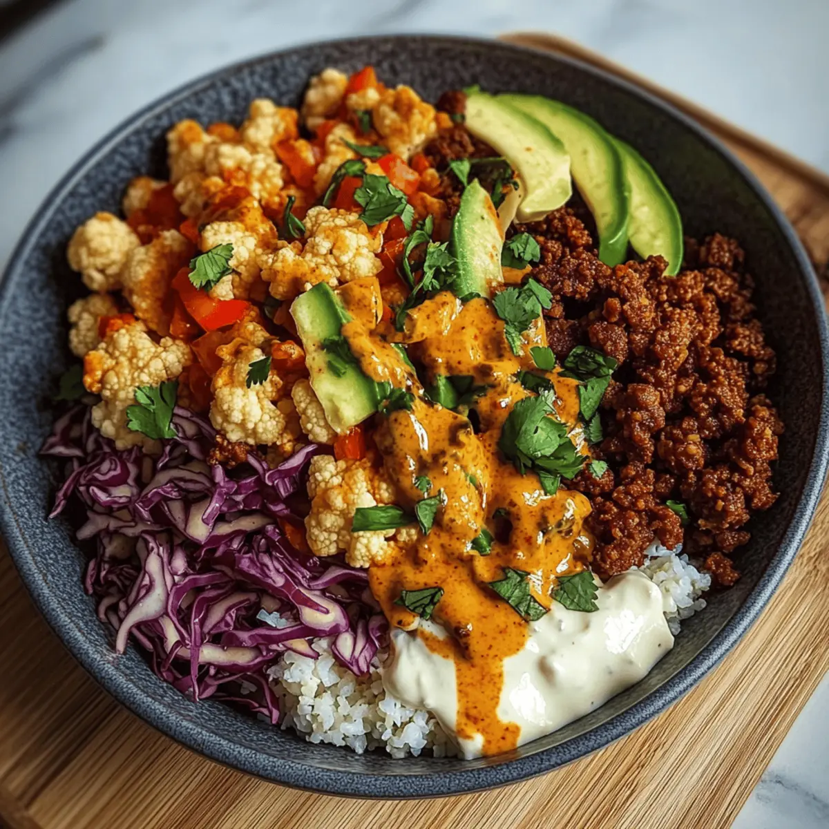 Crispy Chile Ground Beef and Cauliflower Protein Bowls rzcpwv