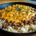 Garlic Butter Beef and Rice Skillet with Cheddar Parmesan Sauce