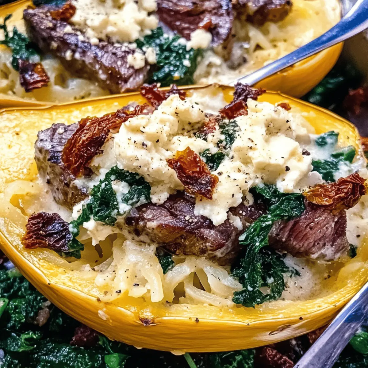 Delicious Keto Low Carb Steak Gorgonzola Alfredo Spaghetti Squash