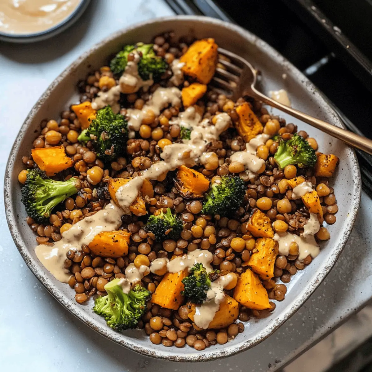Savory Roasted Lentils Sheet Pan Meal with Maple Tahini Dressing