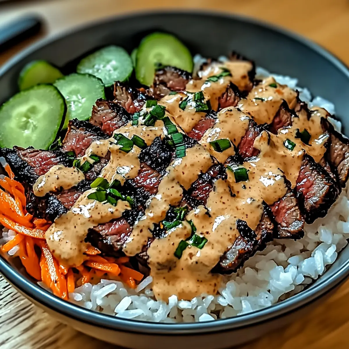 Korean BBQ Steak Rice Bowls with Spicy Cream Sauce Bliss