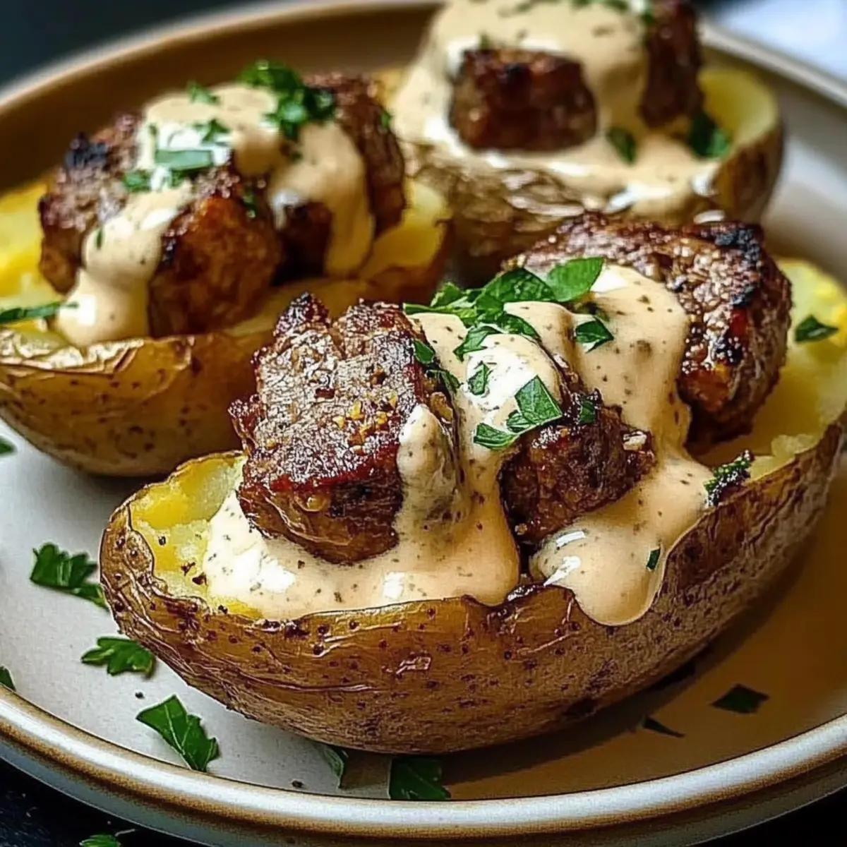 Steak-Stuffed Baked Potatoes with Parmesan Cream Delight