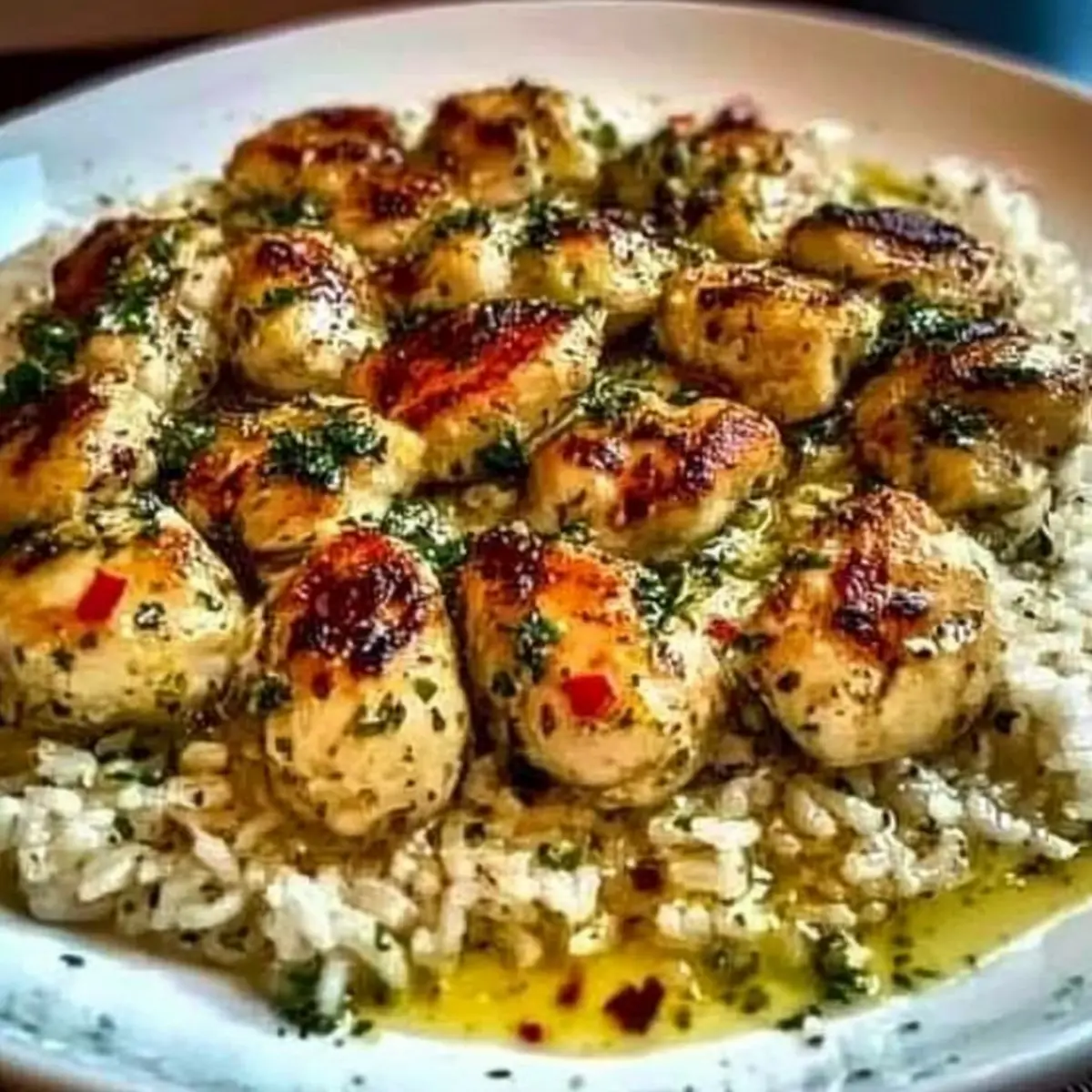 Savory Chicken Scampi with Creamy Garlic Parmesan Rice Delight