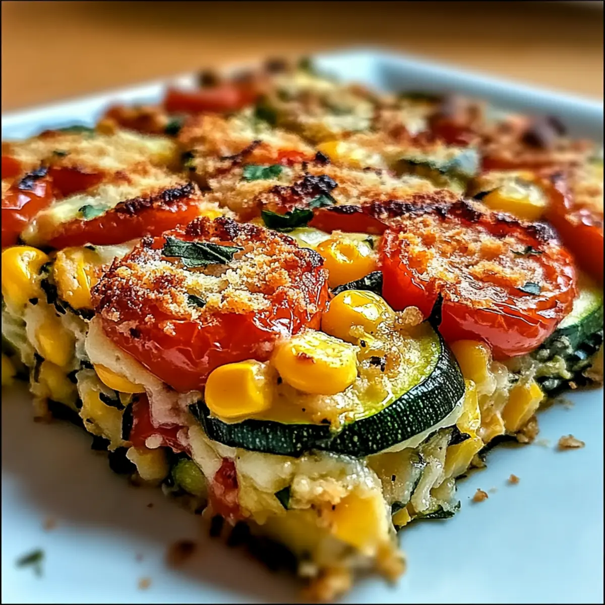 Cheesy Zucchini Corn Tomato Bake with Parmesan Crust Delight