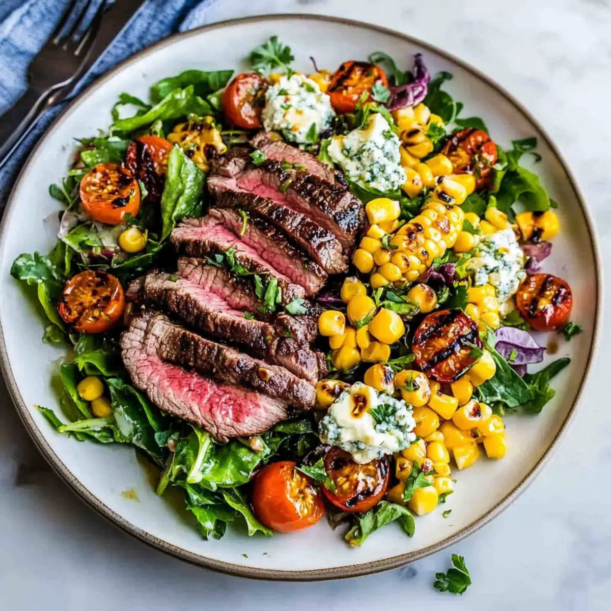 Balsamic Steak Gorgonzola Salad with Grilled Corn Bliss