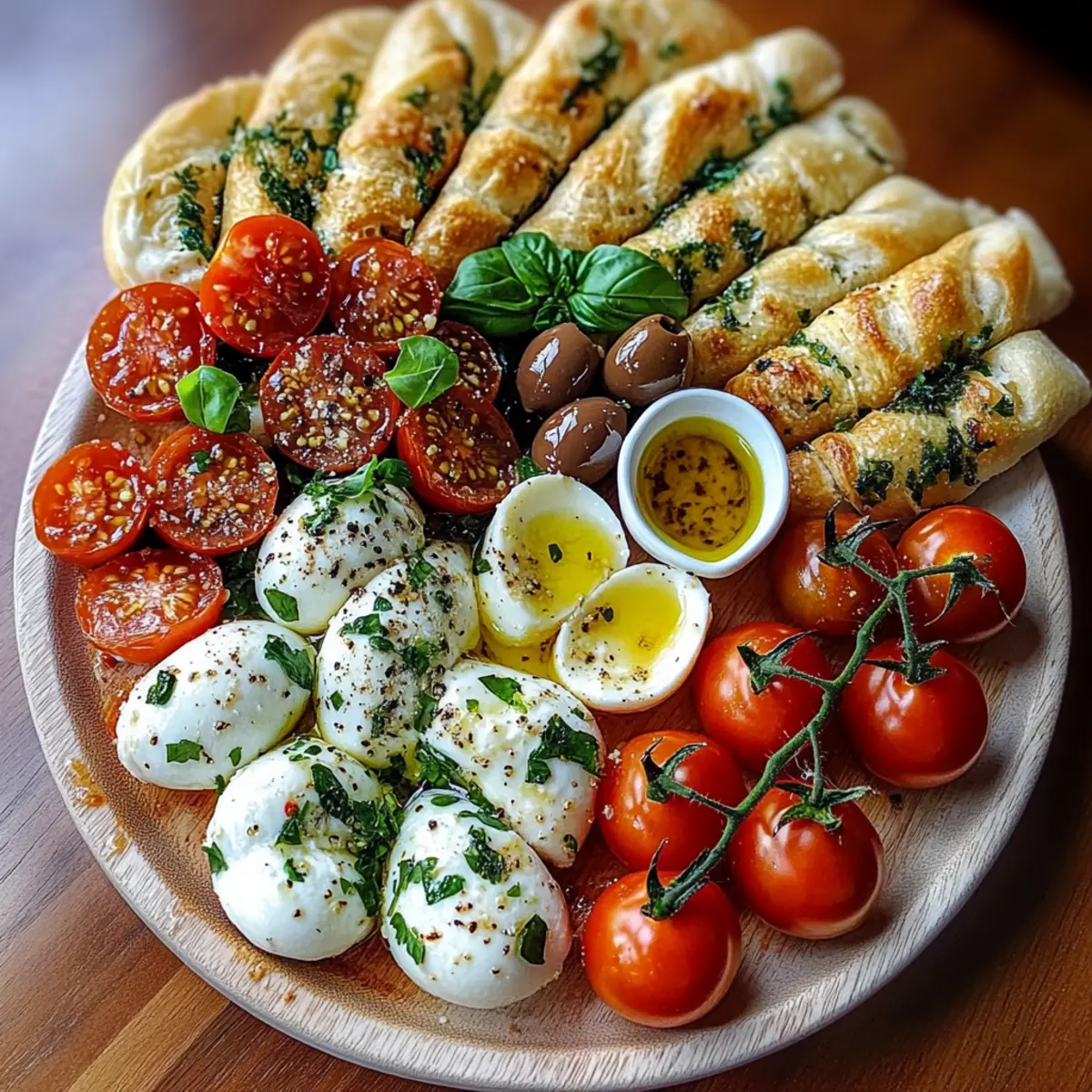 Marinated Mozzarella & Burrata Tapas Board with Garlic Breadsticks Delight