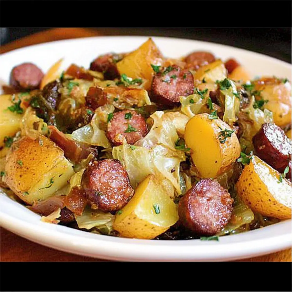 Comforting Braised Cabbage with Potatoes and Smoked Sausages