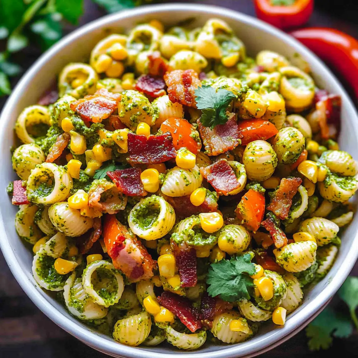 Delicious Corn Pasta Salad with Bacon and Creamy Pesto Dressing